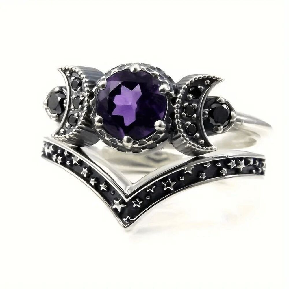 Gothic Universe Moon Star Purple Amethyst Ring Set